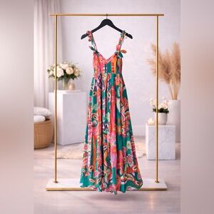 FARM Rio Multicolor Floral Tie-Shoulder Maxi Dress - Green, Pink, Orange